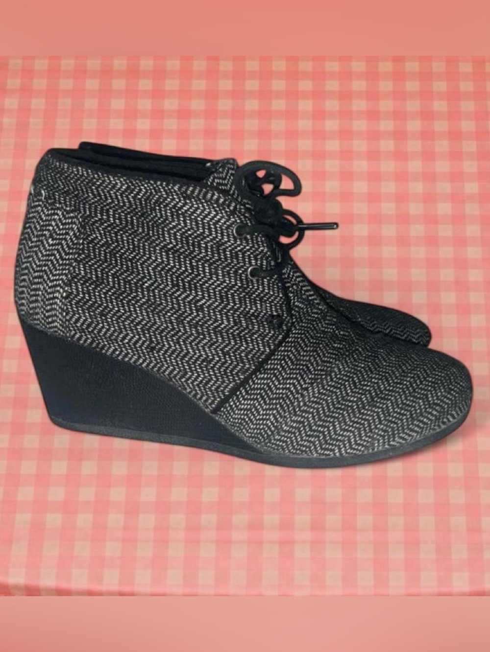 Toms Black and White Tweed Lace-Up Wedge Booties